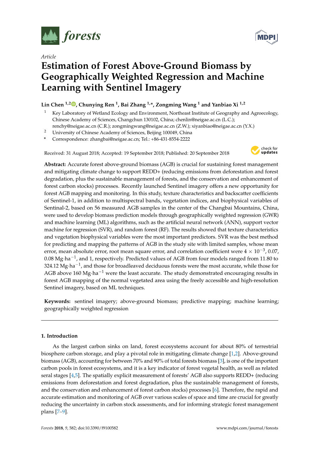 Estimation of Forest Above-Ground Biomass by Geographically Weighted Regression and Machine Learning with Sentinel Imagery