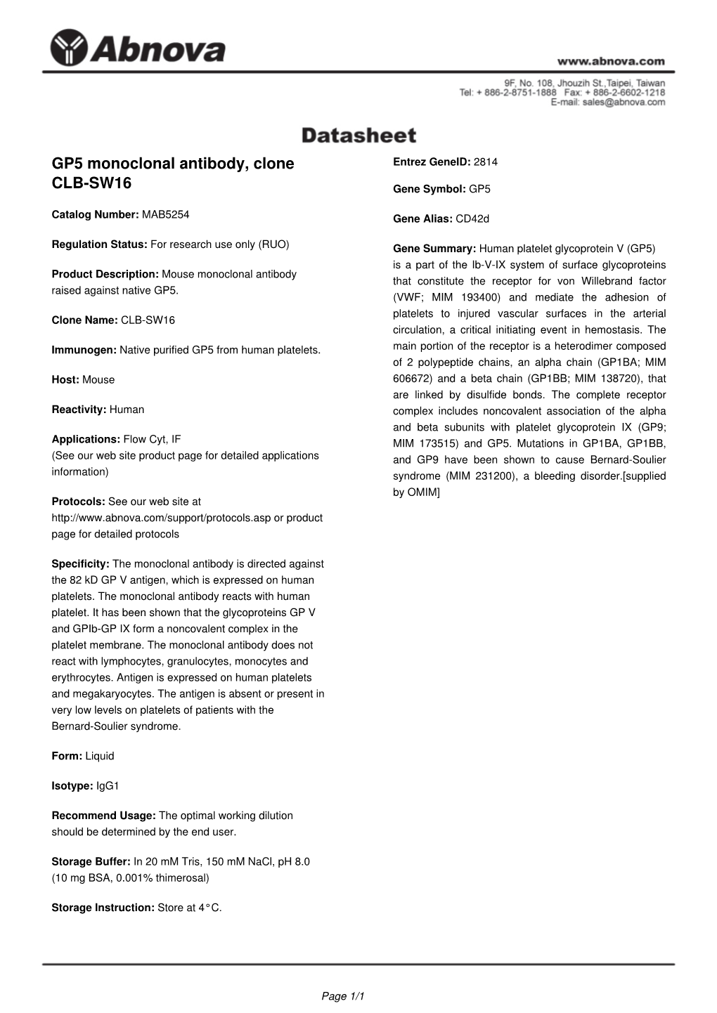 GP5 Monoclonal Antibody, Clone CLB-SW16