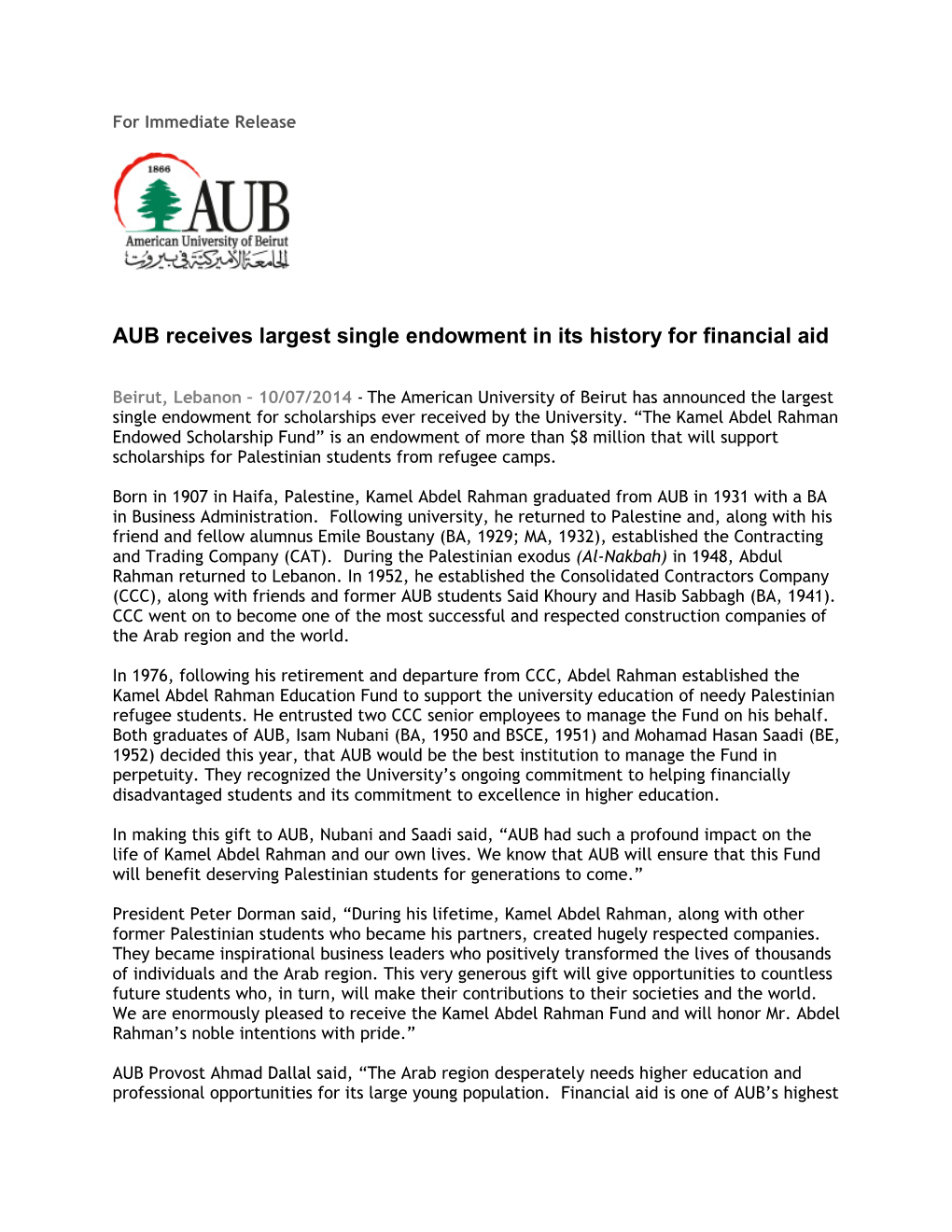 AUB Receives Largest Single Endowment in Its History for Financial Aid