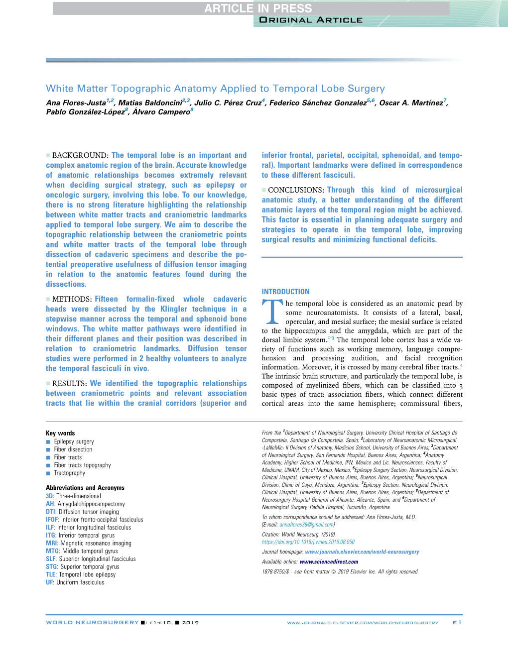 White Matter Topographic Anatomy Applied to Temporal Lobe Surgery Ana Flores-Justa1,2, Matias Baldoncini2,3, Julio C