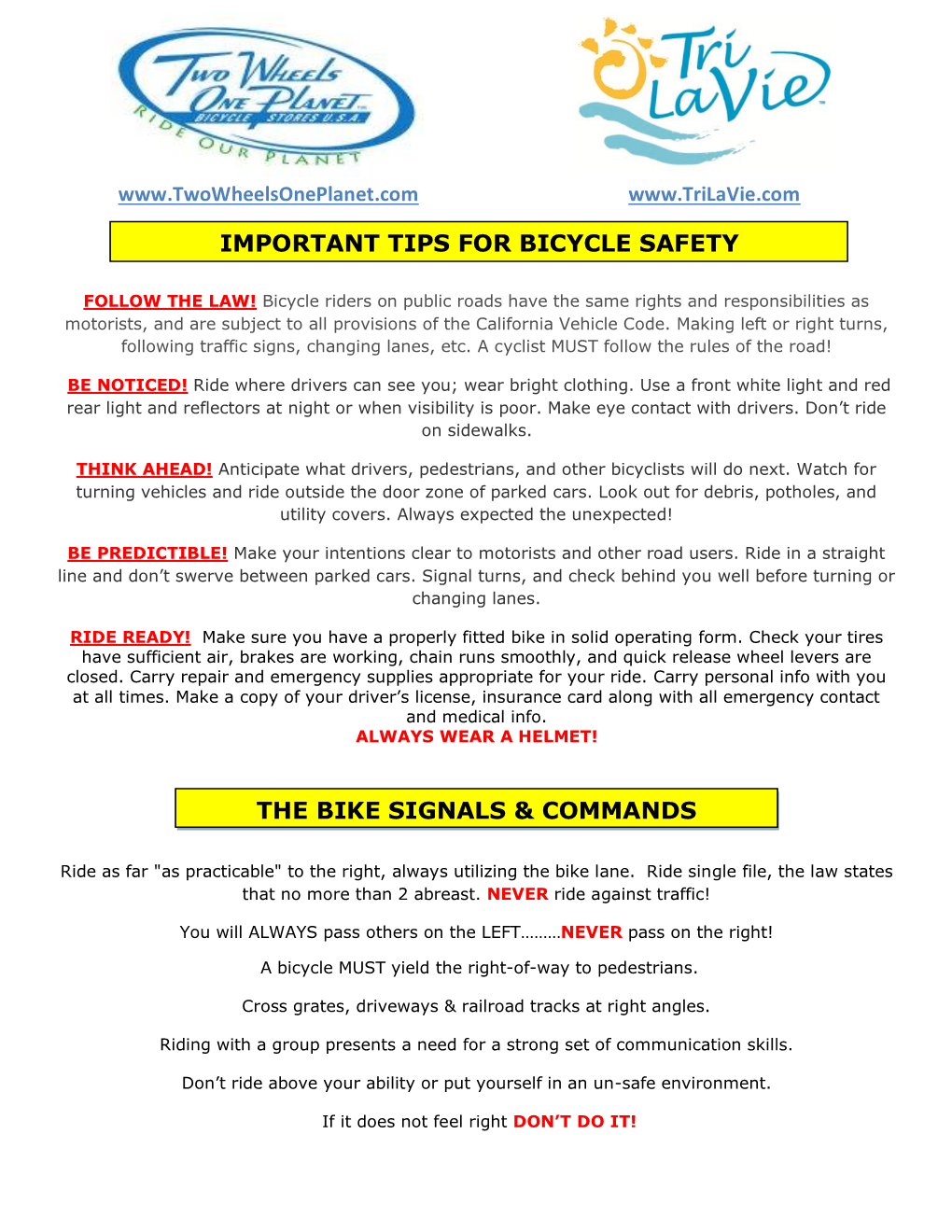 Important Tips for Bicycle Safety the Bike Signals