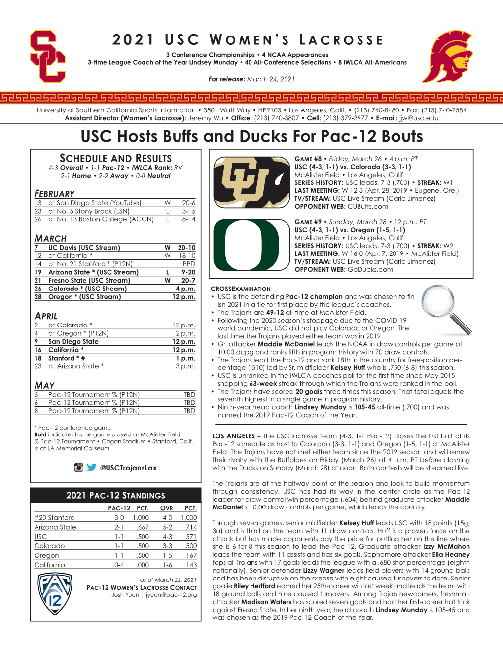 USC Hosts Buffs and Ducks for Pac-12 Bouts