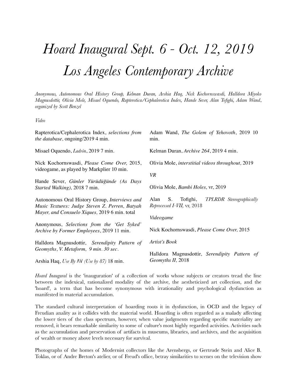 Hoard Inaugural Sept. 6 - Oct