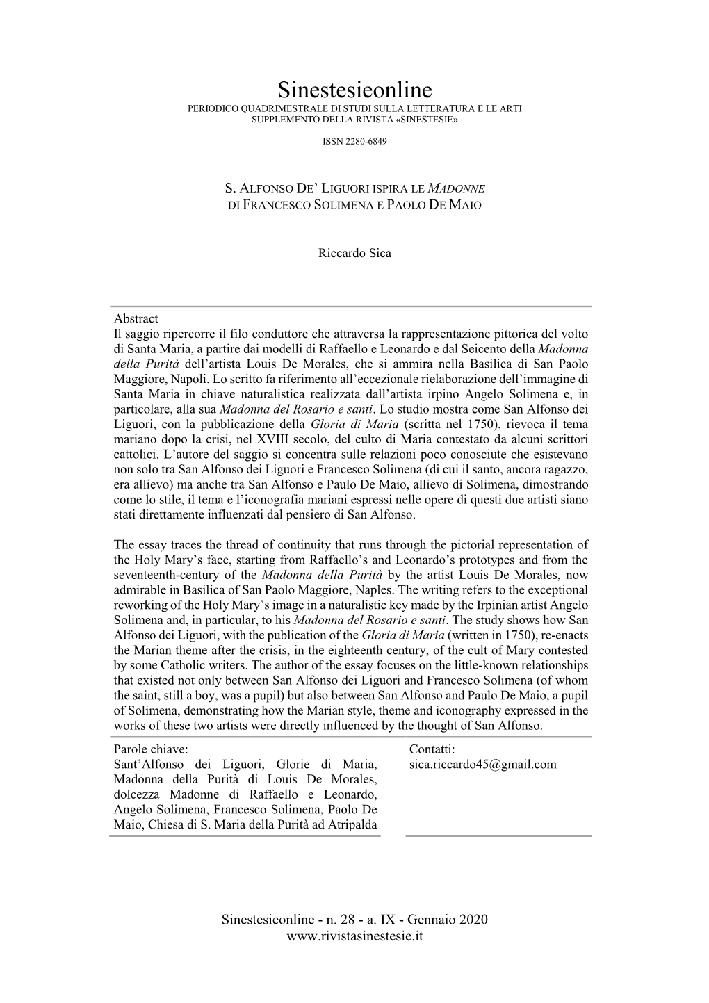 Sinestesieonline PERIODICO QUADRIMESTRALE DI STUDI SULLA LETTERATURA E LE ARTI SUPPLEMENTO DELLA RIVISTA «SINESTESIE»