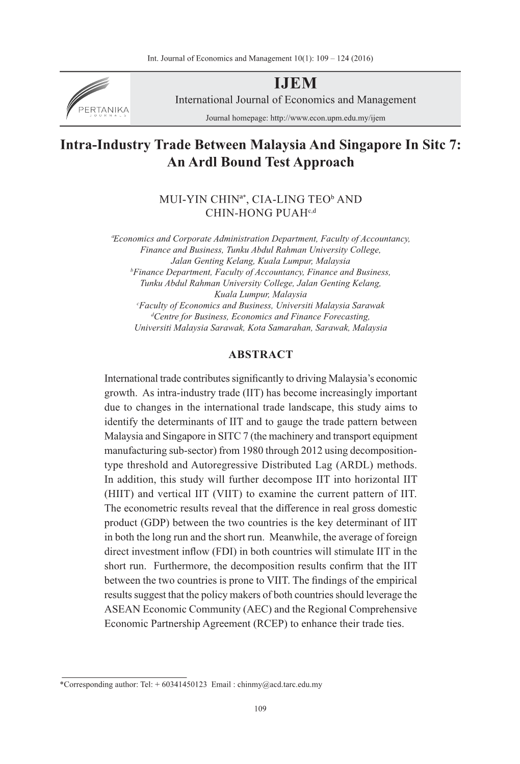 Intra-Industry Trade Between Malaysia and Singapore in Sitc 7: an Ardl Bound Test Approach