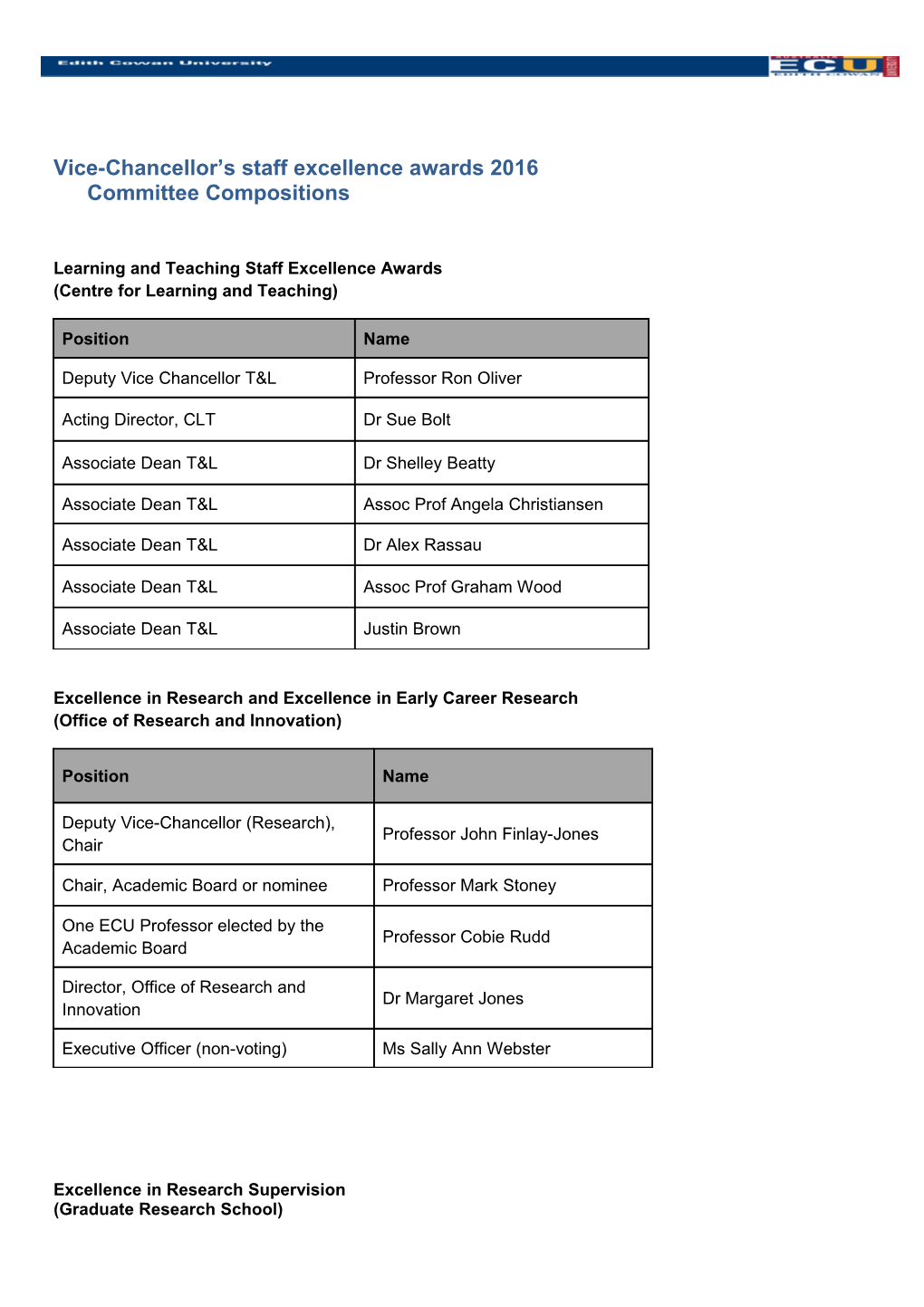 Vice-Chancellor S Staff Excellence Awards 2016Committee Compositions