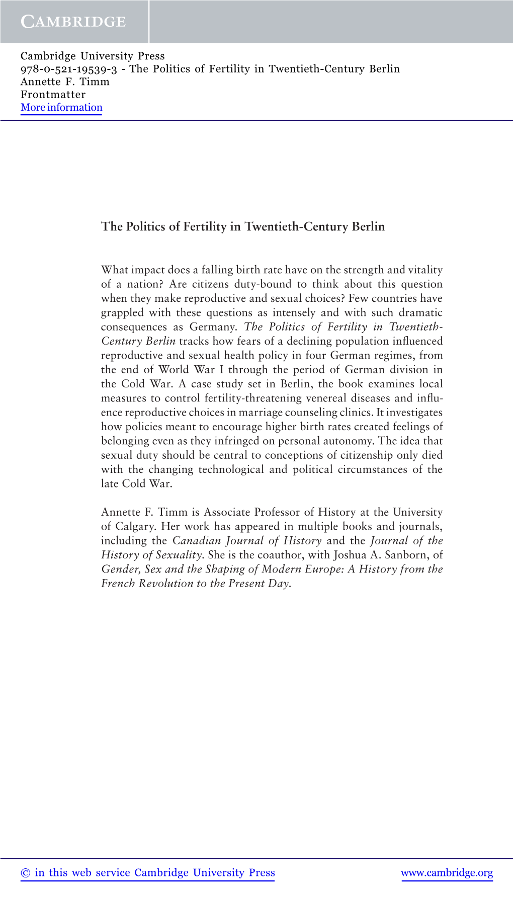 The Politics of Fertility in Twentieth-Century Berlin Annette F