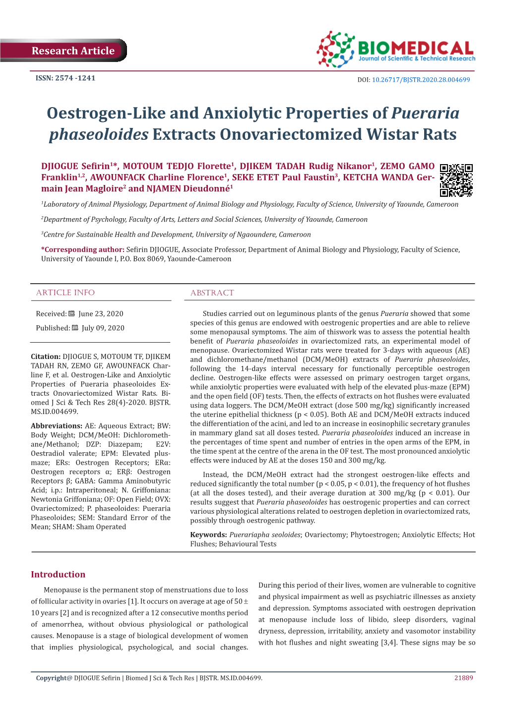 Oestrogen-Like and Anxiolytic Properties of Pueraria Phaseoloides Extracts Onovariectomized Wistar Rats