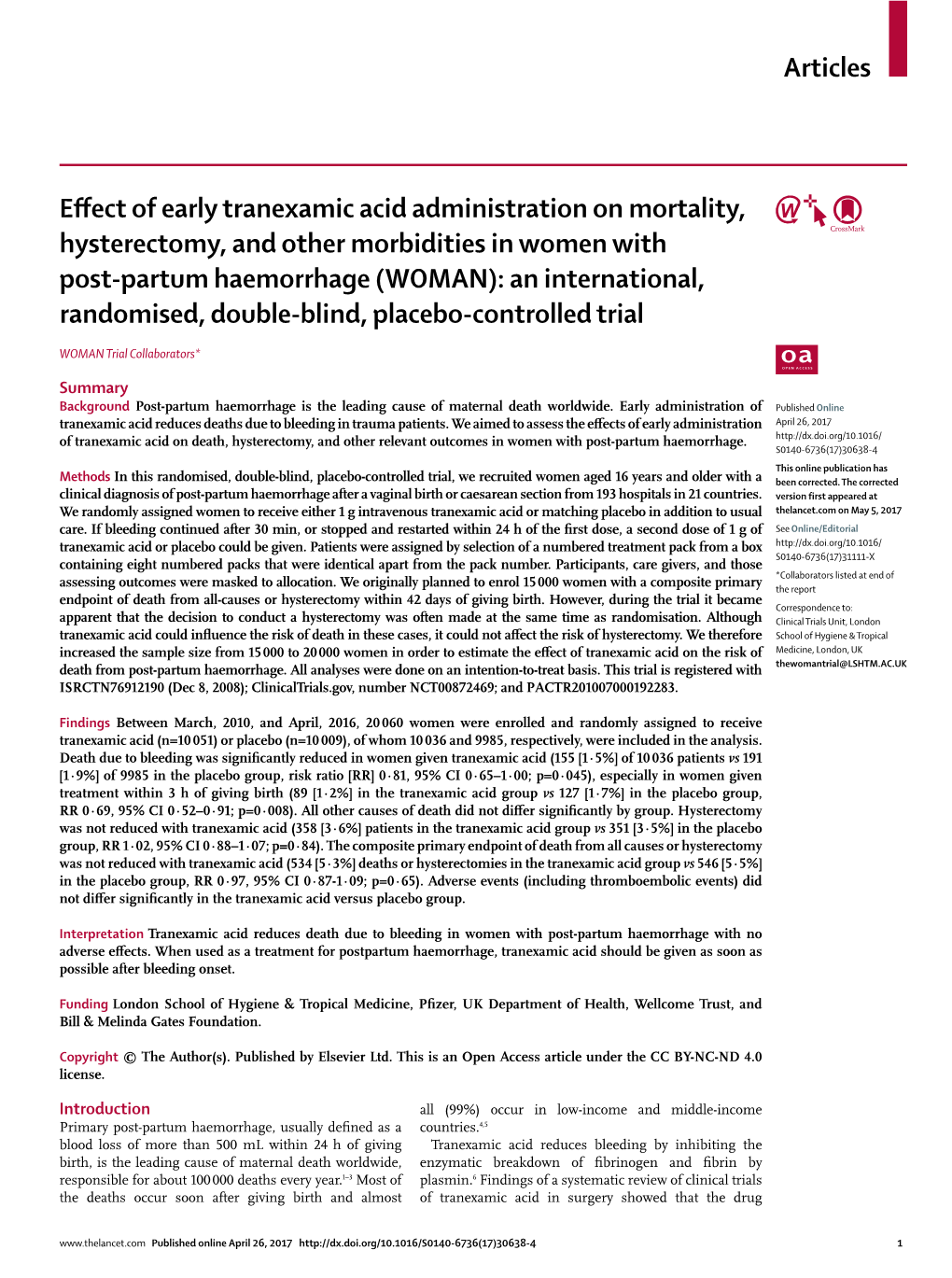 Effect of Early Tranexamic Acid Administration on Mortality
