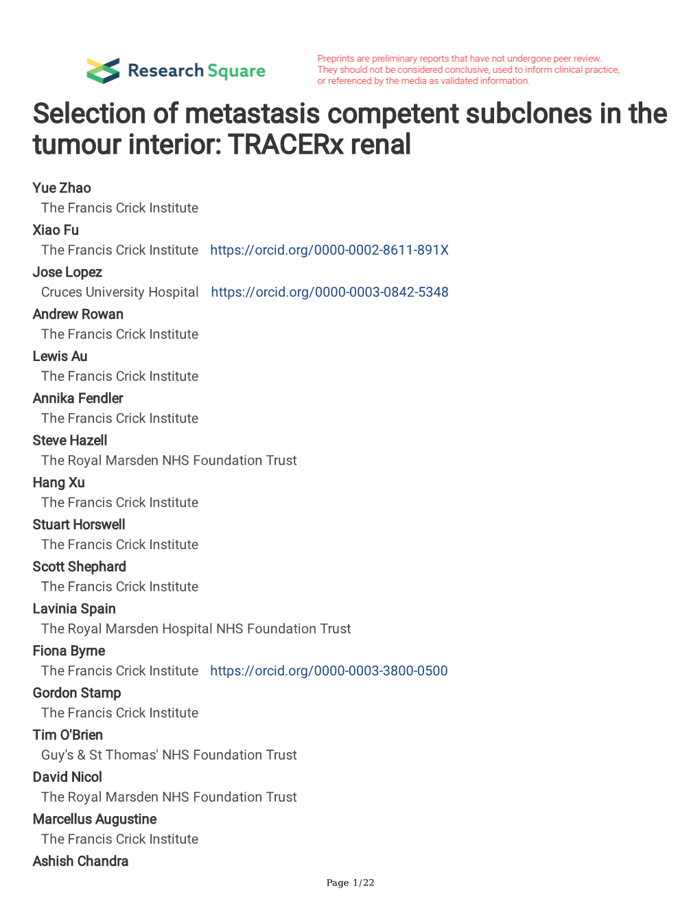 Selection of Metastasis Competent Subclones in the Tumour Interior: Tracerx Renal