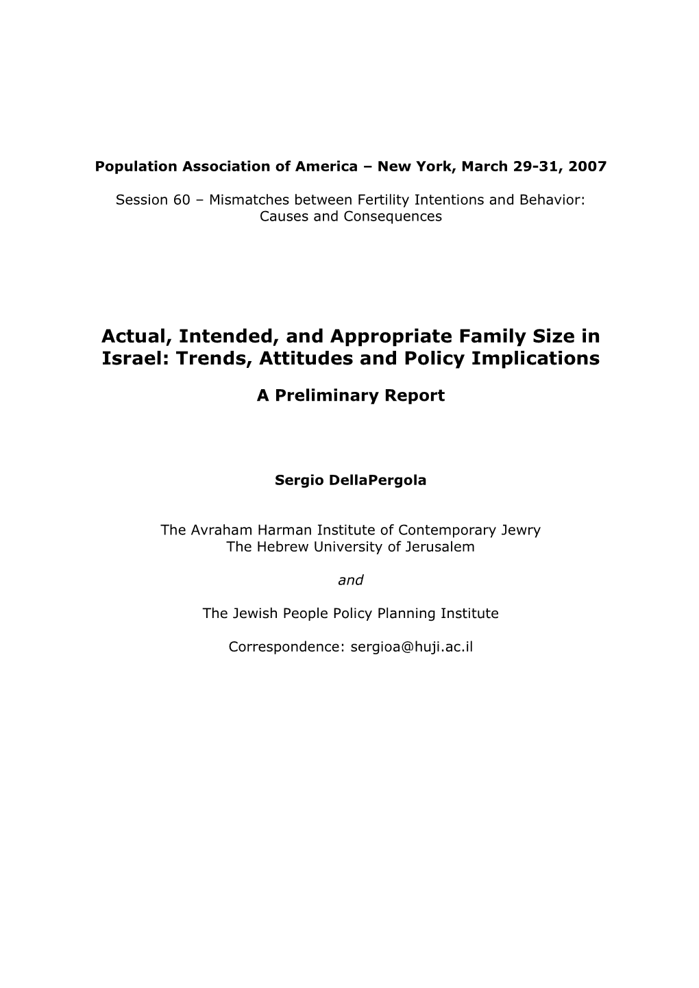 Actual, Intended, and Appropriate Family Size in Israel: Trends, Attitudes and Policy Implications