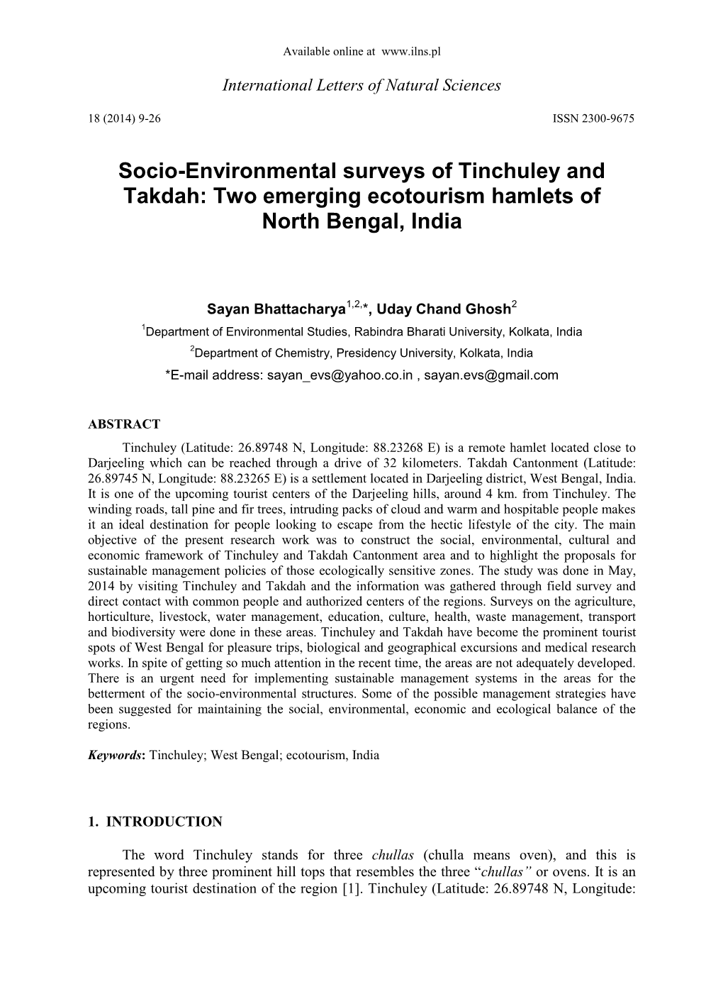 Socio-Environmental Surveys of Tinchuley and Takdah: Two Emerging Ecotourism Hamlets of North Bengal, India
