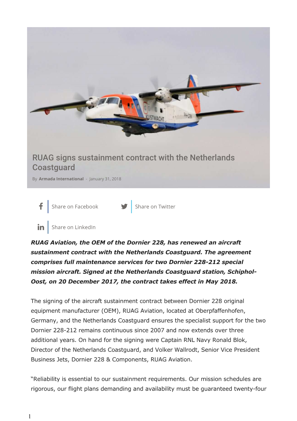 RUAG Signs Sustainment Contract with the Netherlands Coastguard