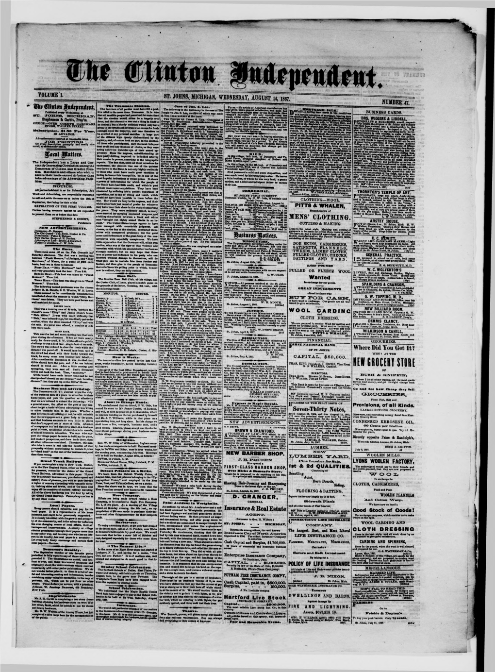 Volume 1. St. Johns. Michigan, Wednesday, August 14, 1867