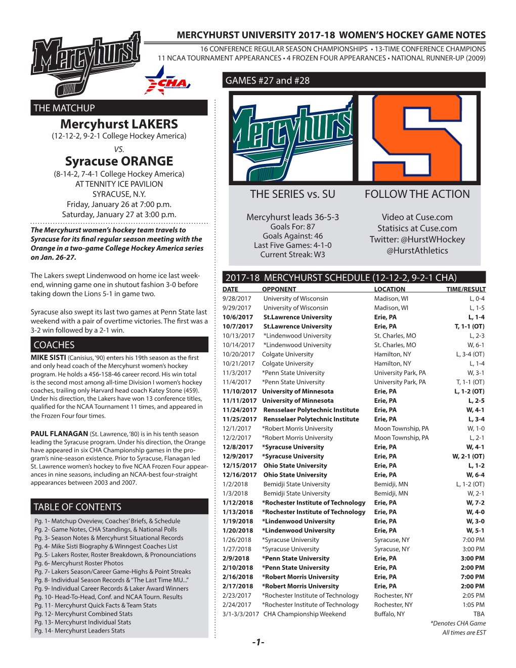 Mercyhurst LAKERS Syracuse ORANGE