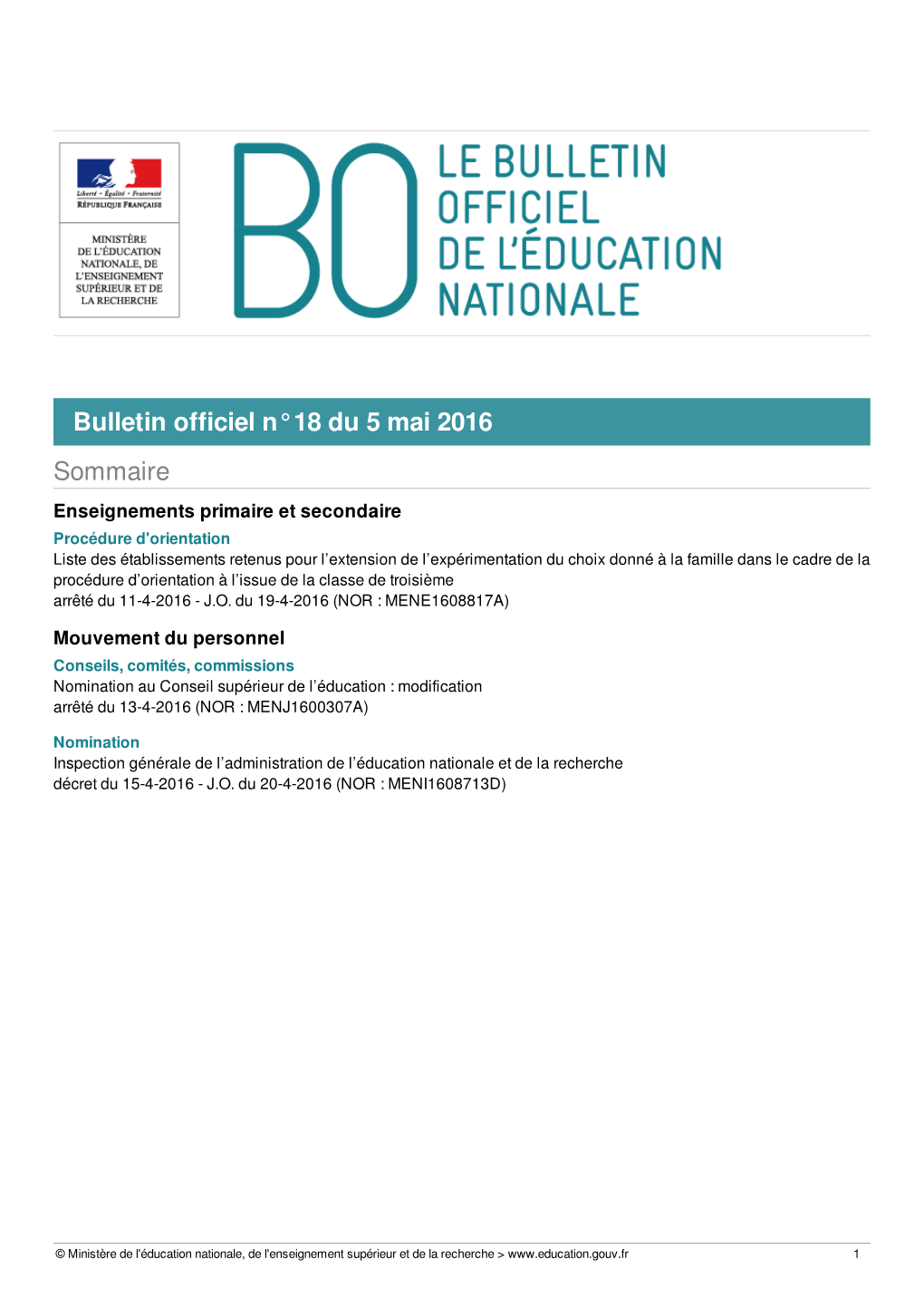 Bulletin Officiel N°18 Du 5 Mai 2016 Sommaire