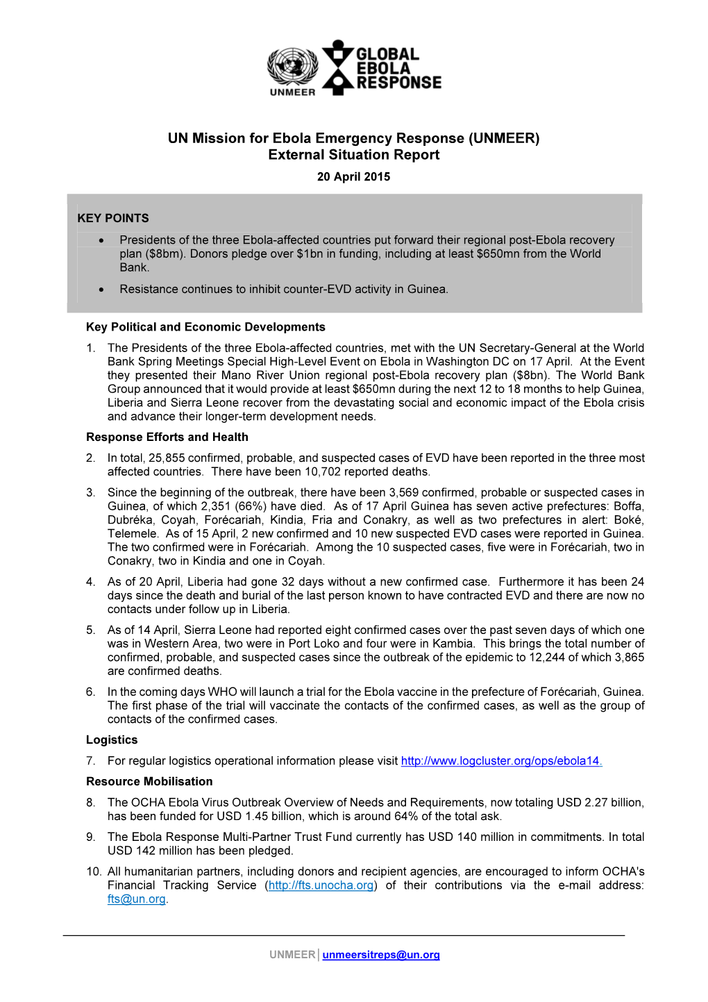 UNMEER) External Situation Report 20 April 2015