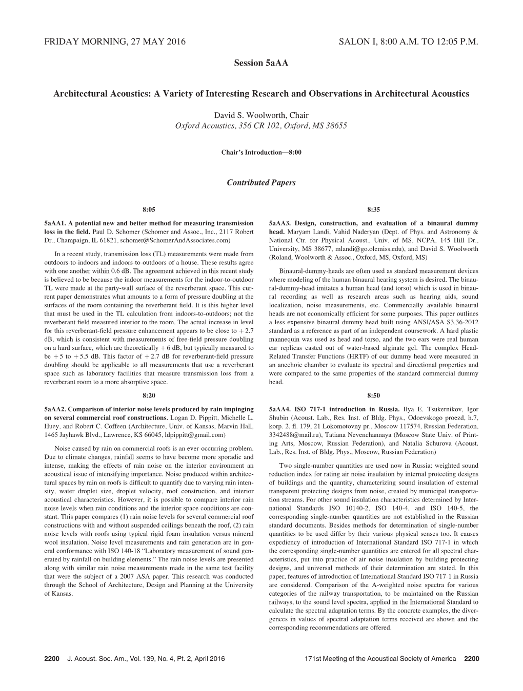 FRIDAY MORNING, 27 MAY 2016 SALON I, 8:00 AM to 12:05 PM Session 5Aaa Architectural Acoustics