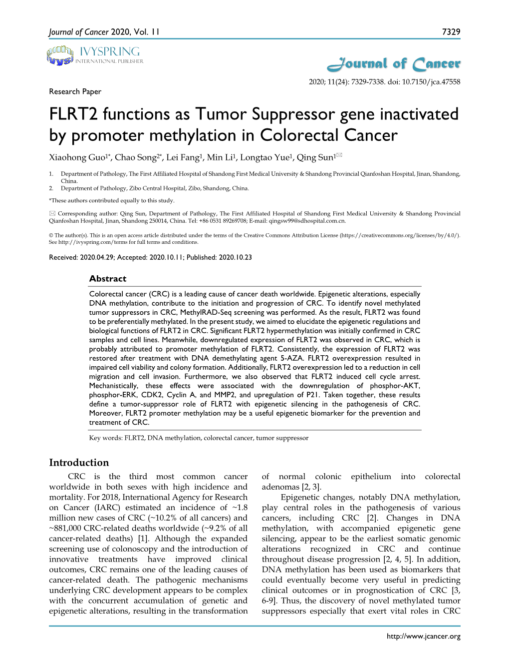 FLRT2 Functions As Tumor Suppressor Gene Inactivated by Promoter