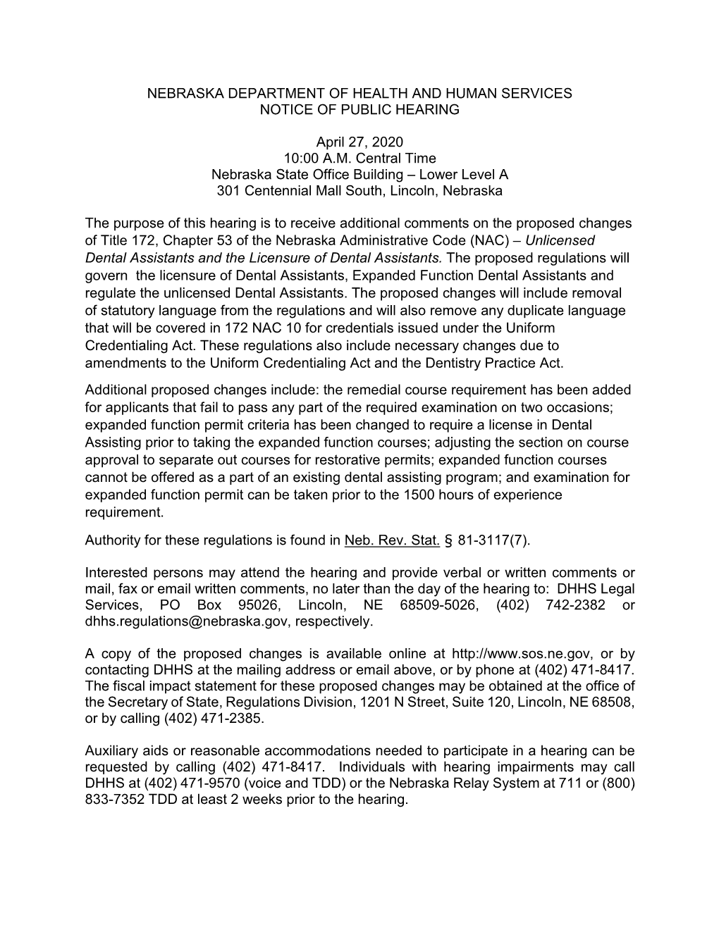 Nebraska Department of Health and Human Services Notice of Public Hearing