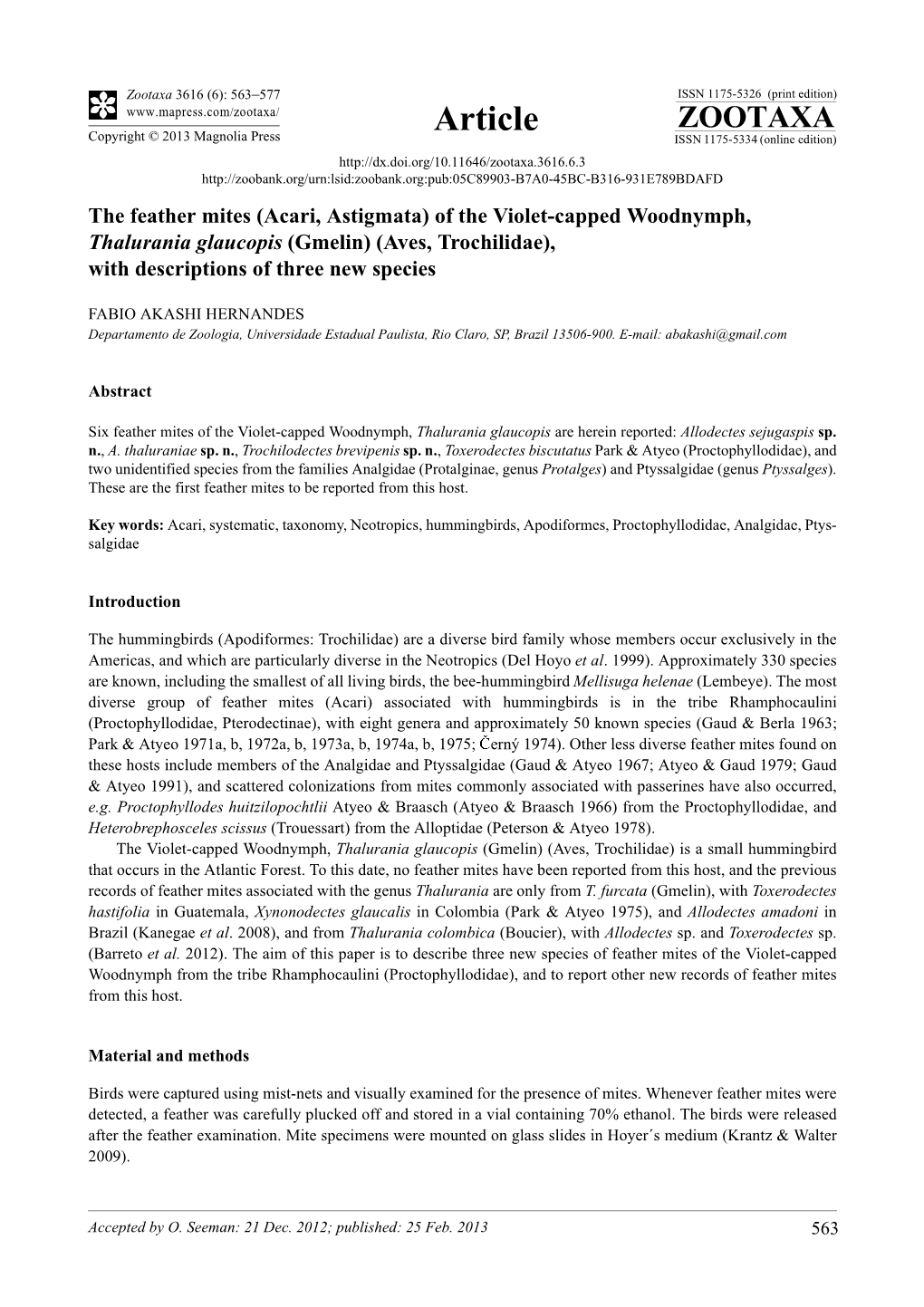 The Feather Mites (Acari, Astigmata) of the Violet-Capped Woodnymph, Thalurania Glaucopis (Gmelin) (Aves, Trochilidae), with Descriptions of Three New Species