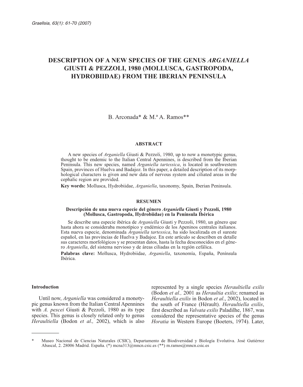 Description of a New Species of the Genus Arganiella Giusti & Pezzoli, 1980