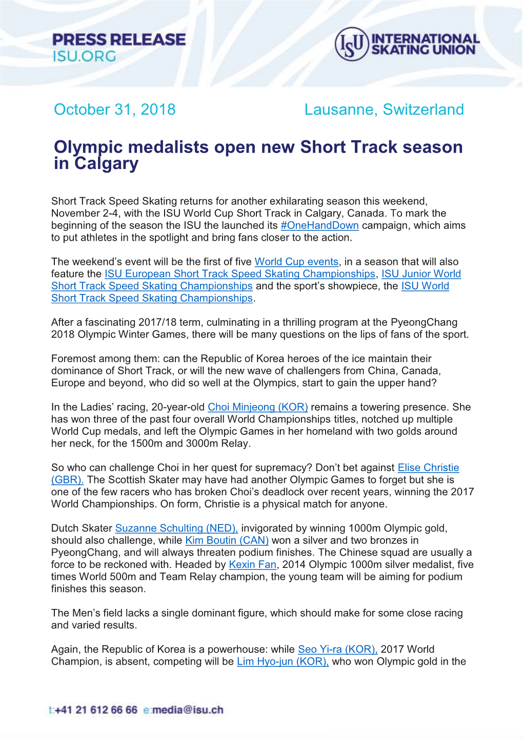 Olympic Medalists Open New Short Track Season in Calgary