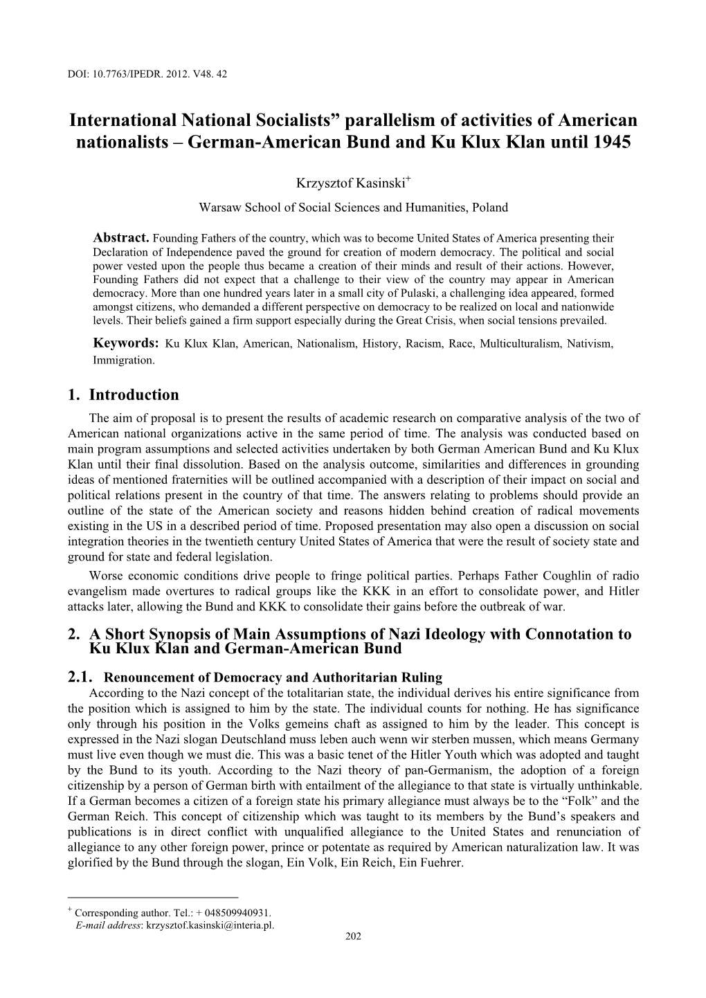 International National Socialists” Parallelism of Activities of American Nationalists – German-American Bund and Ku Klux Klan Until 1945