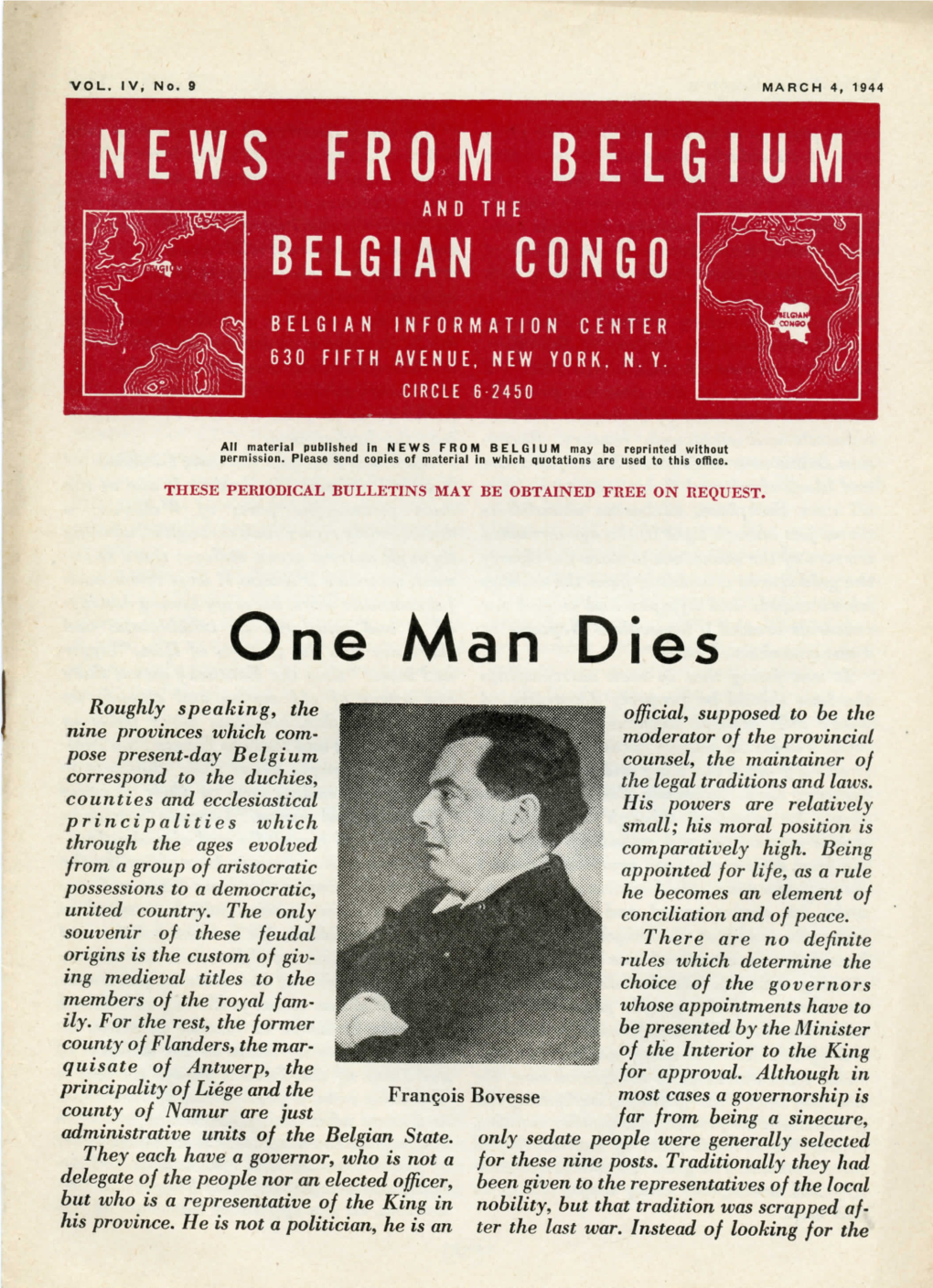 NEWS from BELGIUM BELGIAN CONGO One Man Dies