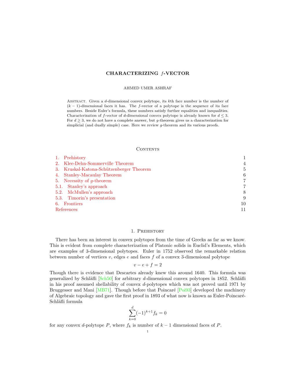 CHARACTERIZING F-VECTOR Contents 1. Prehistory 1 2. Klee