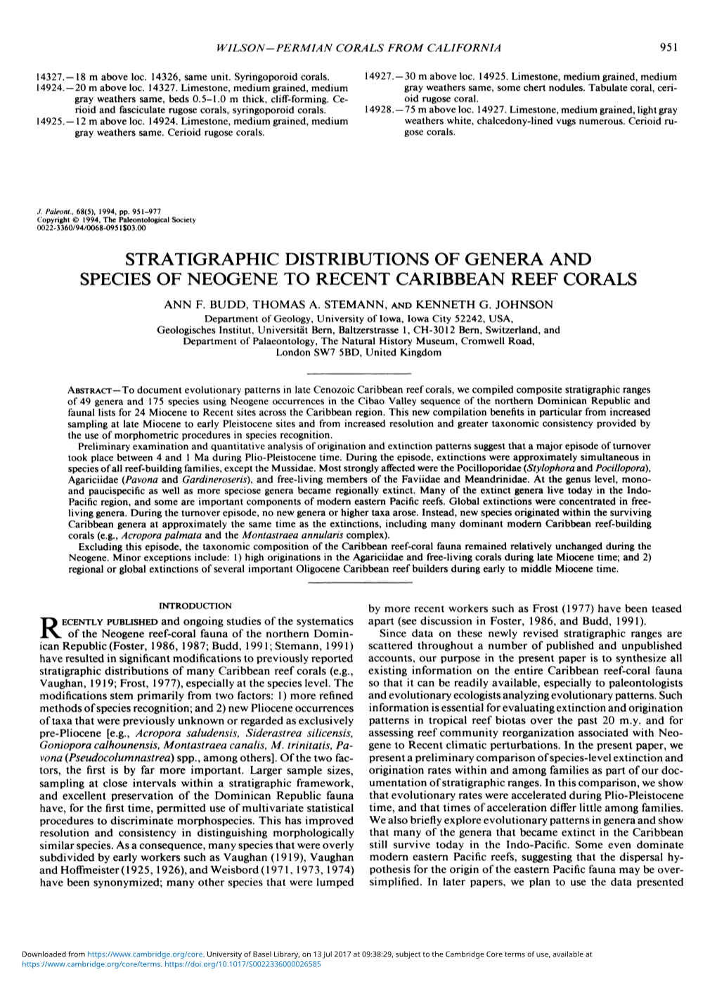 Stratigraphic Distributions of Genera and Species of Neogene to Recent Caribbean Reef Corals Ann F