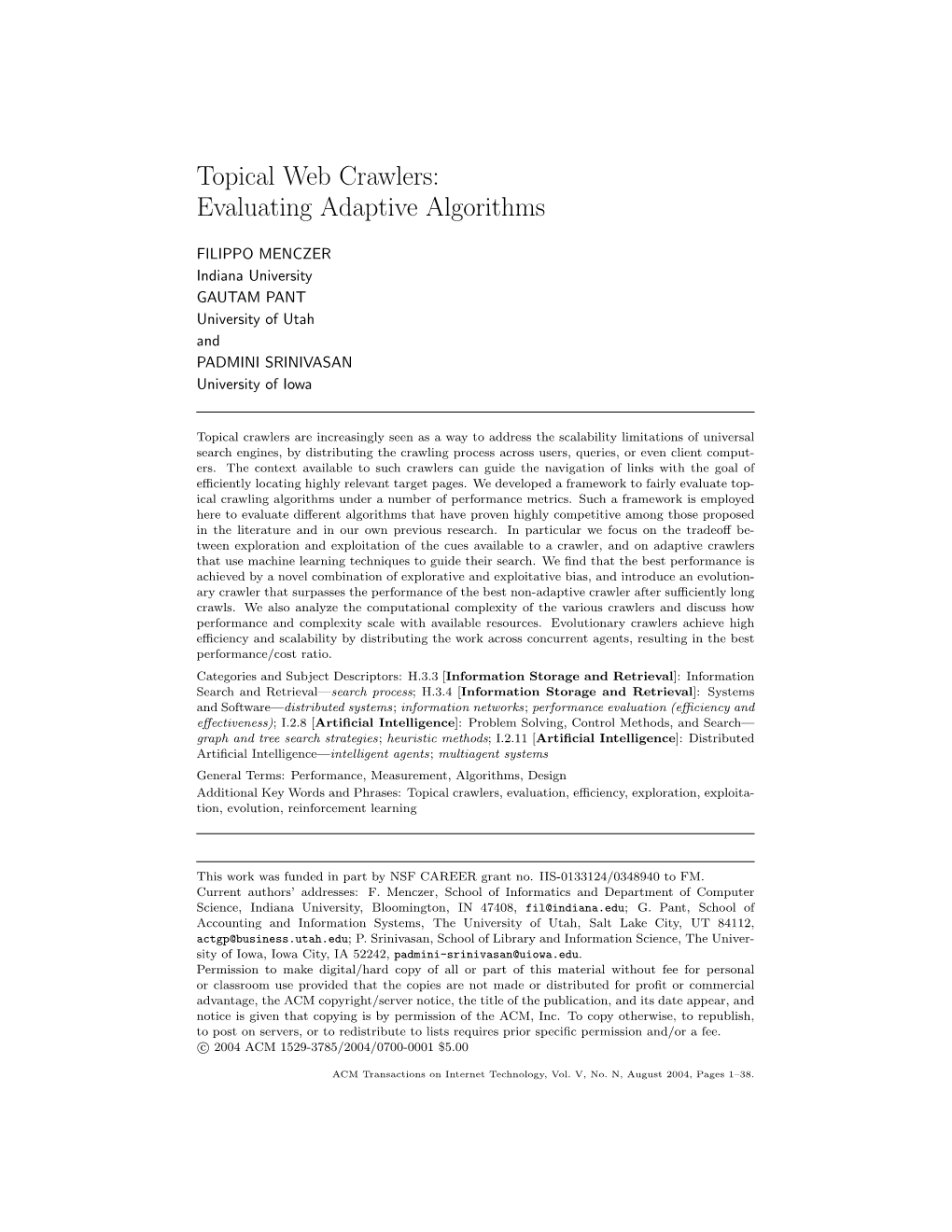 Topical Web Crawlers: Evaluating Adaptive Algorithms