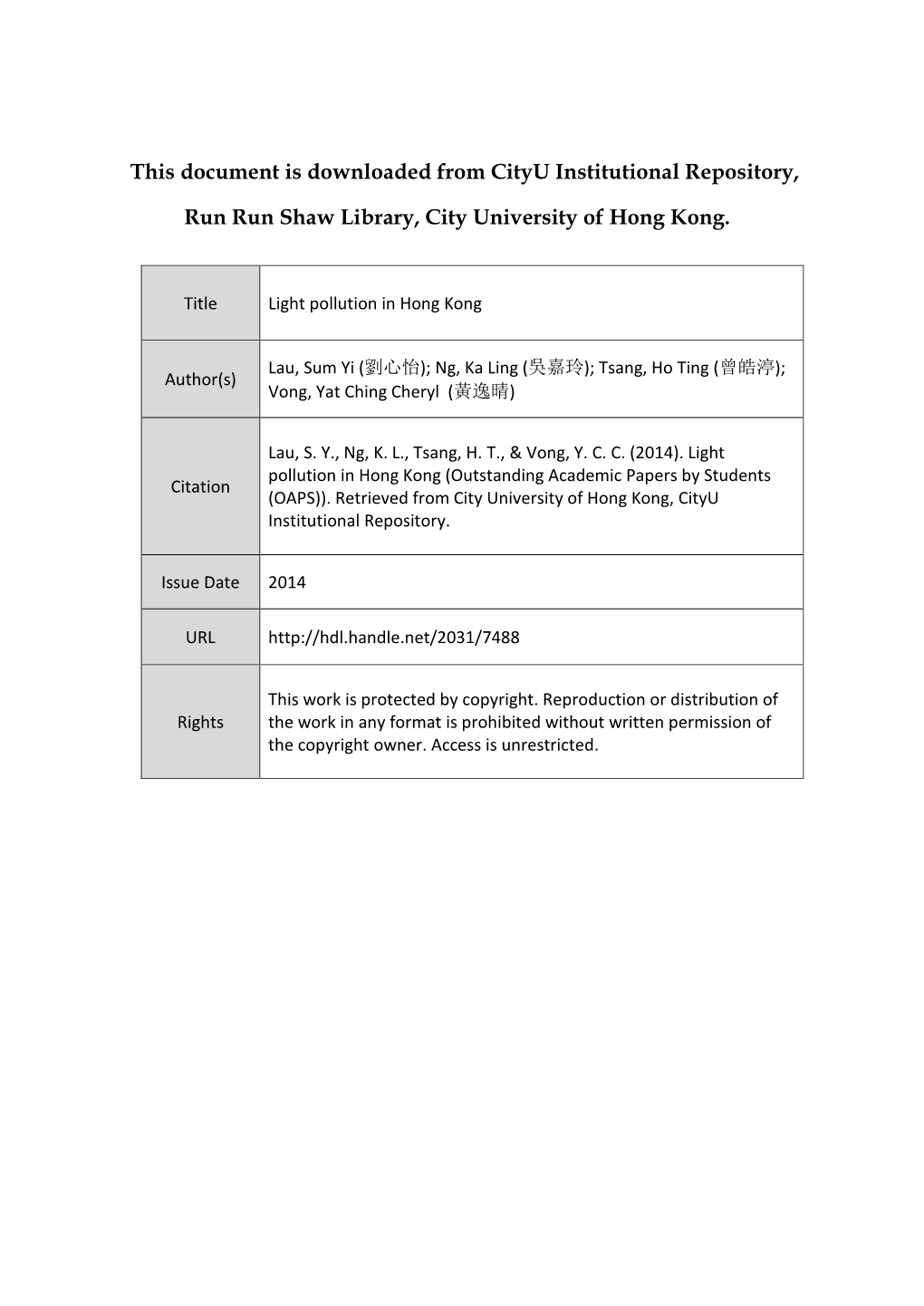 Light Pollution in Hong Kong