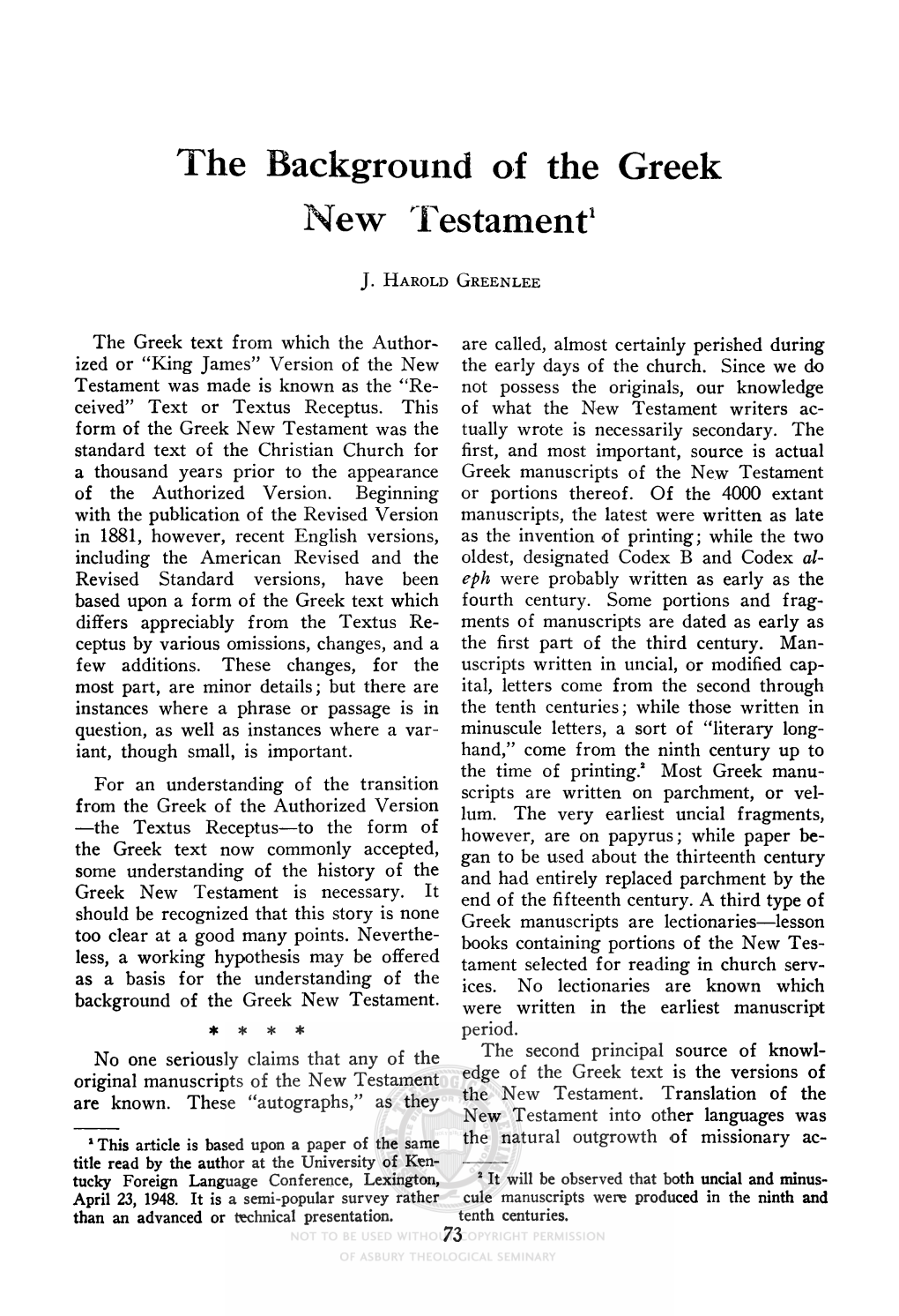 The Background of the Greek New Testament'