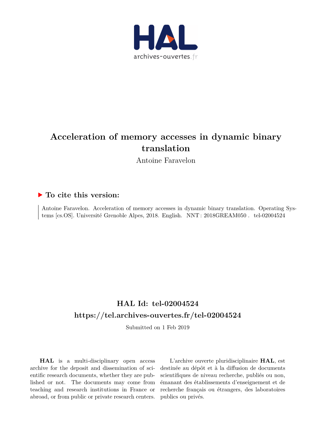 Acceleration of Memory Accesses in Dynamic Binary Translation Antoine Faravelon