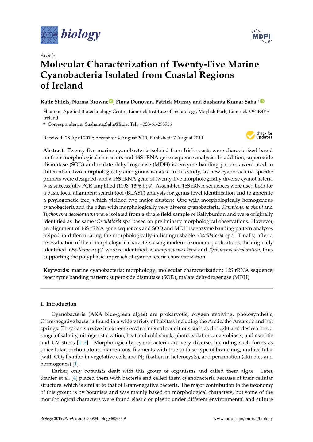 Molecular Characterization of Twenty-Five Marine Cyanobacteria Isolated from Coastal Regions of Ireland