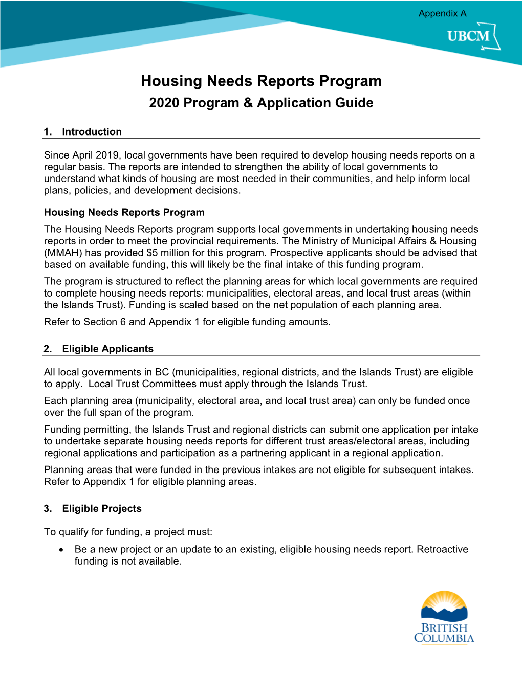 Appendix a UBCM 2020 Housing Needs Report Program And