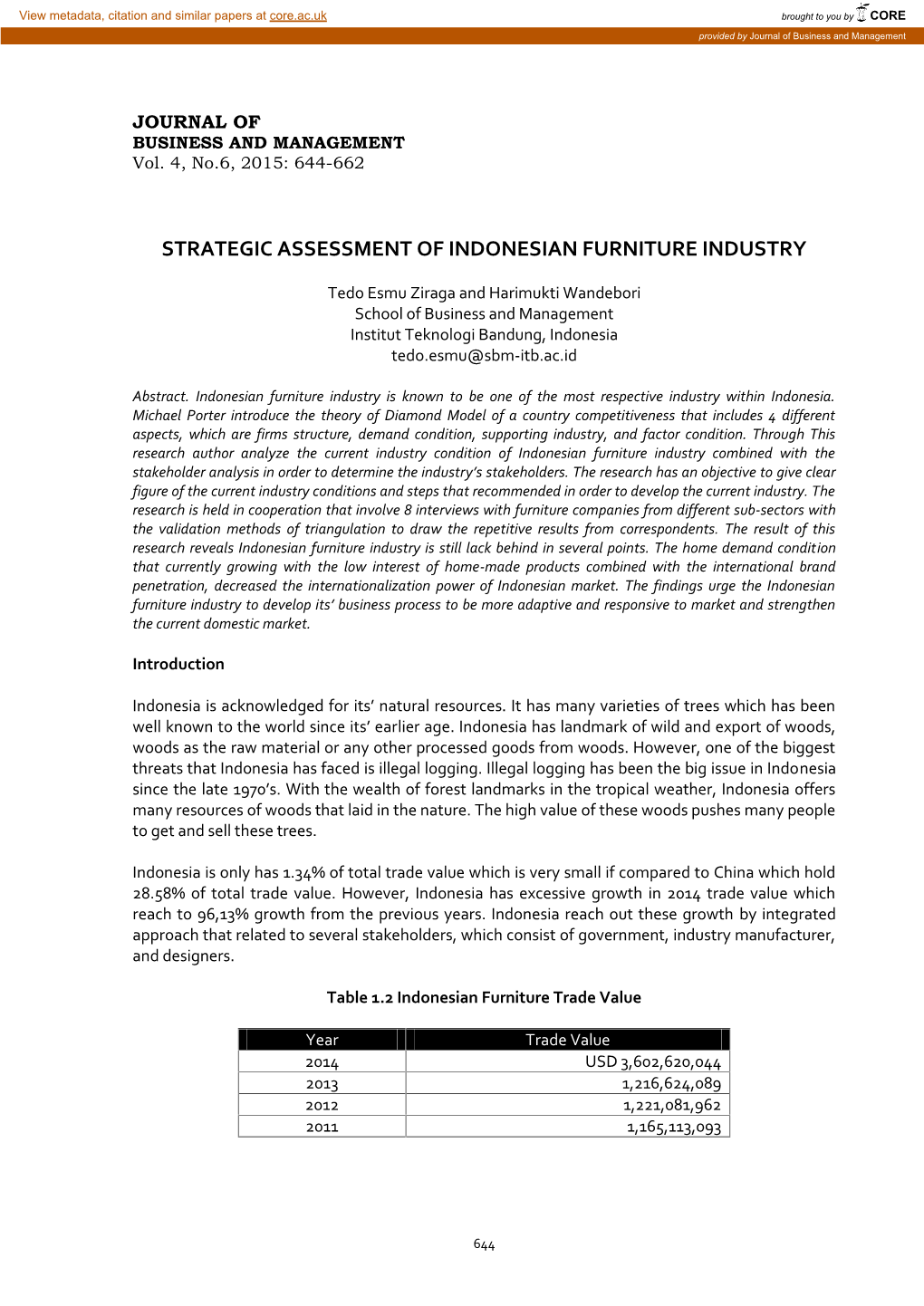 Strategic Assessment of Indonesian Furniture Industry