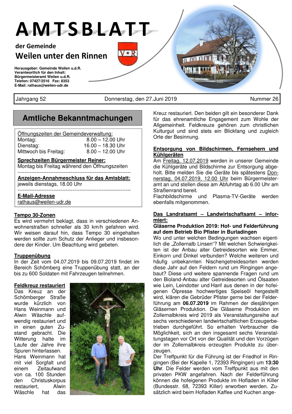 AMTSBLATT Der Gemeinde Weilen Unter Den Rinnen