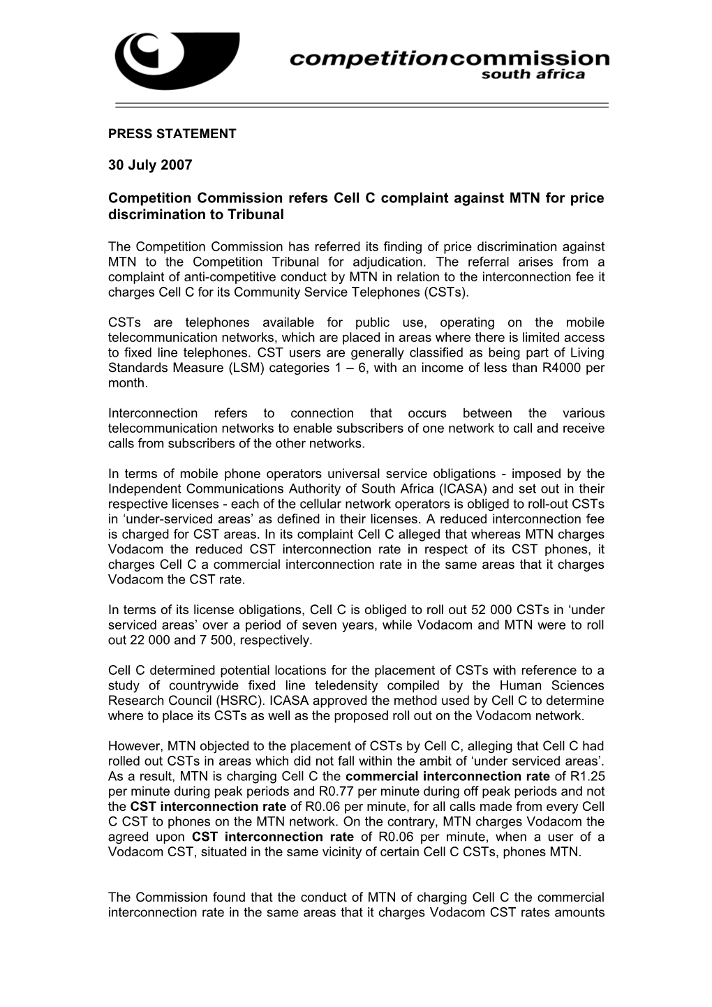 Competition Commission Refers Cell C Complaint Against MTN for Price Discrimination To