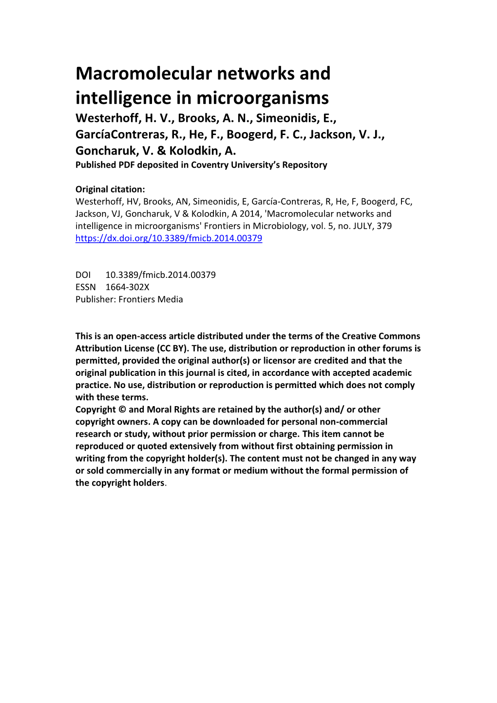 Macromolecular Networks and Intelligence in Microorganisms Westerhoff, H