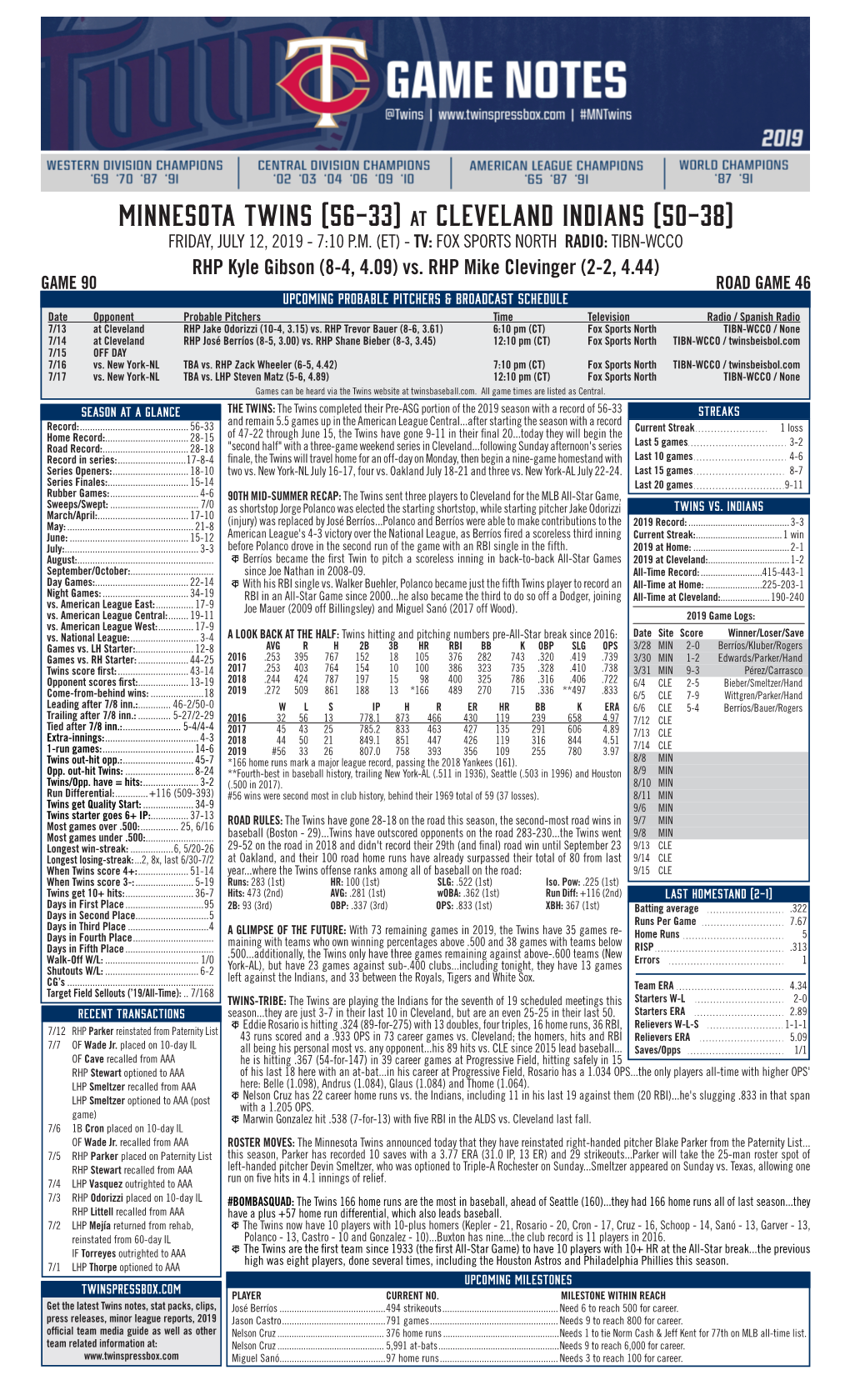 Twins Notes, 7-12 At