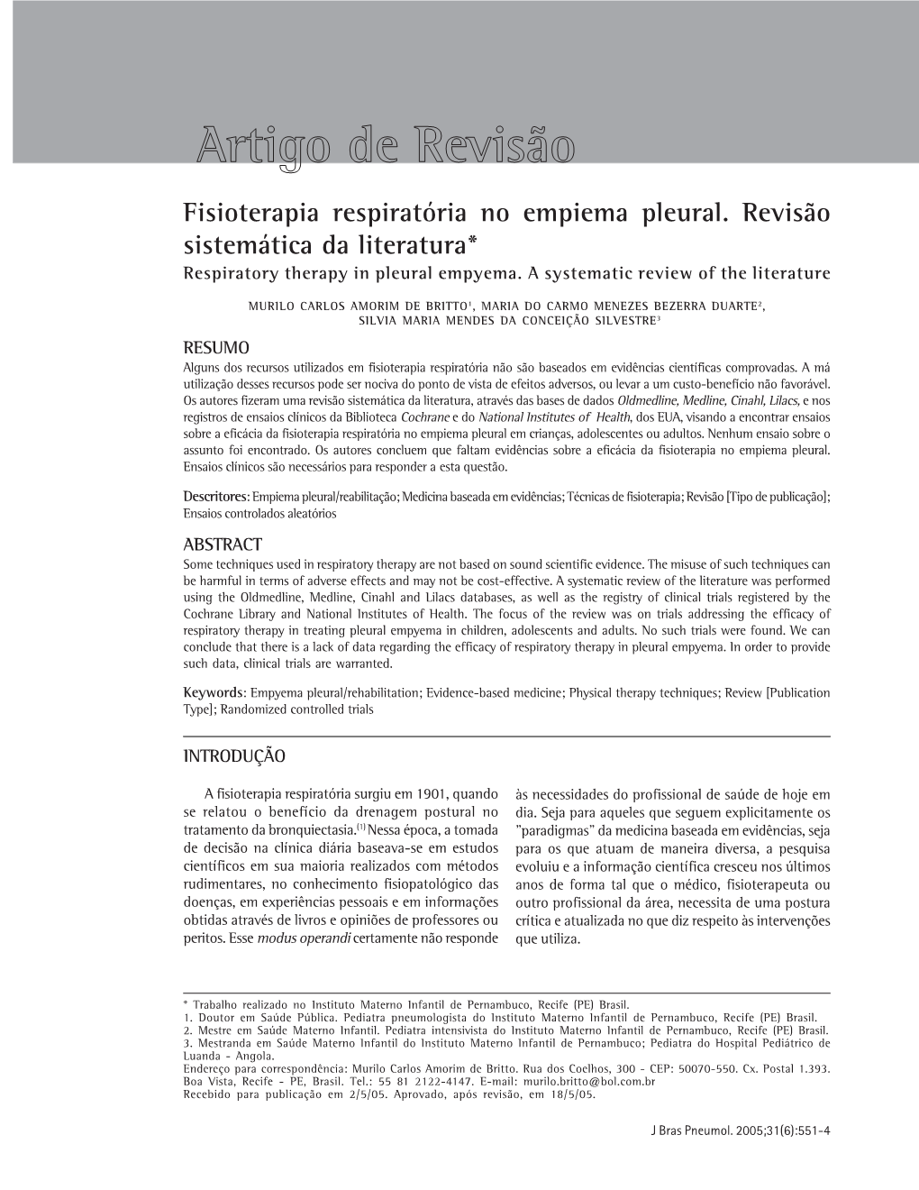 Respiratory Therapy in Pleural Empyema: a Systematic Review Of