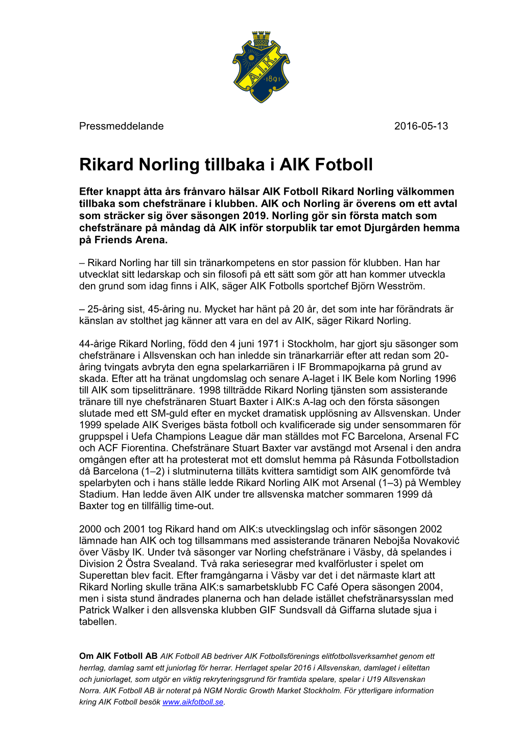 Rikard Norling Tillbaka I AIK Fotboll