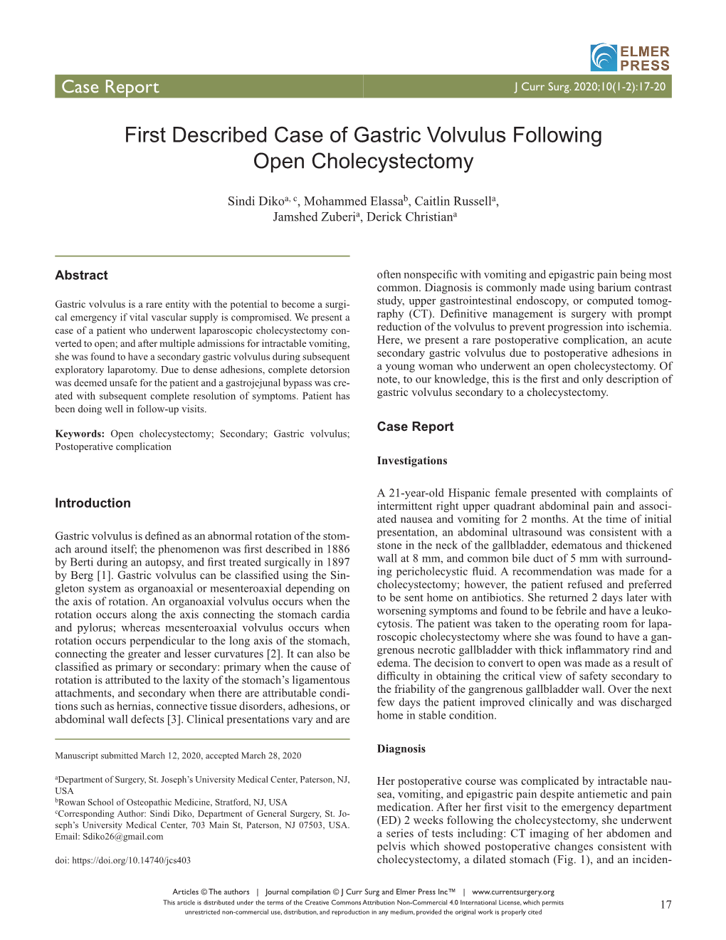 First Described Case of Gastric Volvulus Following Open Cholecystectomy