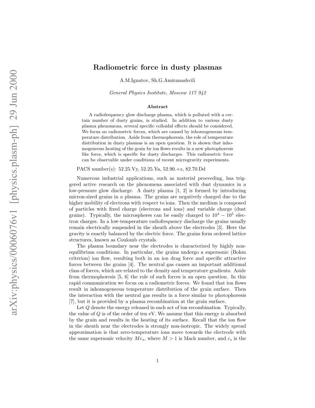 Arxiv:Physics/0006076V1 [Physics.Plasm-Ph] 29 Jun 2000 Prxmto Sta Eotmeauein Oetwrsteele Wid the Th the Towards That Velocity Move Recall Supersonic Non-Isotropic