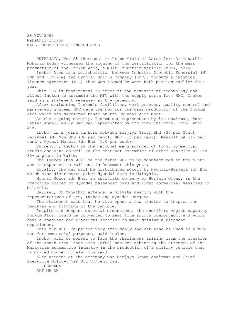 MASS PRODUCTION of INOKOM ATOS (Bernama 28/11/2002)