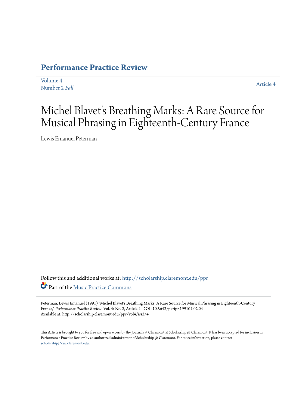 Michel Blavet's Breathing Marks: a Rare Source for Musical Phrasing in Eighteenth-Century France Lewis Emanuel Peterman