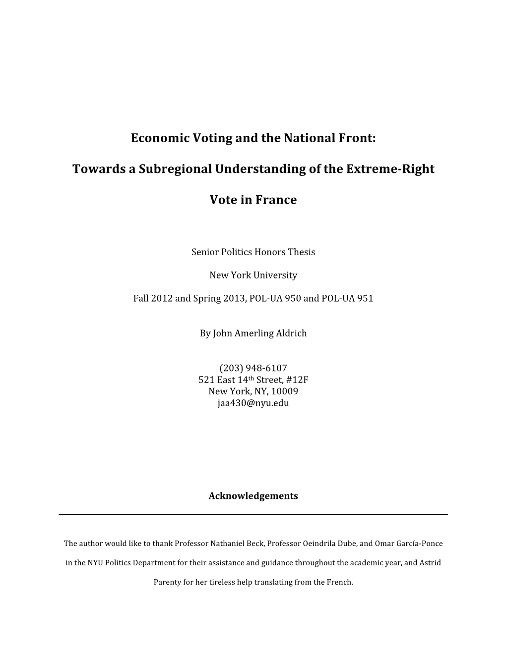 Economic Voting and the National Front