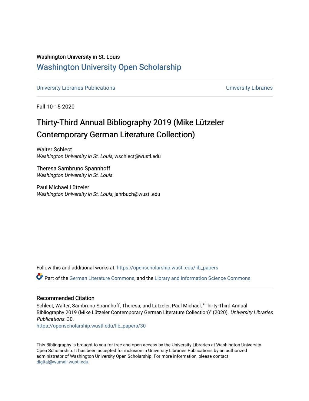 Thirty-Third Annual Bibliography 2019 (Mike Lã¼tzeler Contemporary